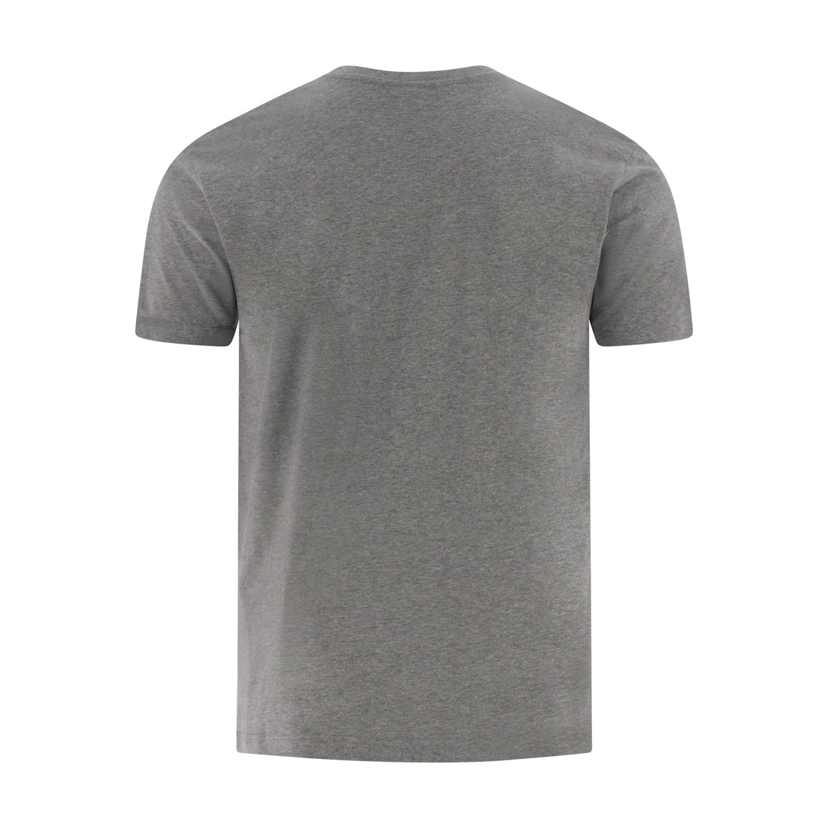 A heather gray short-sleeve crewneck t-shirt shown from the back, isolated on a solid white background.