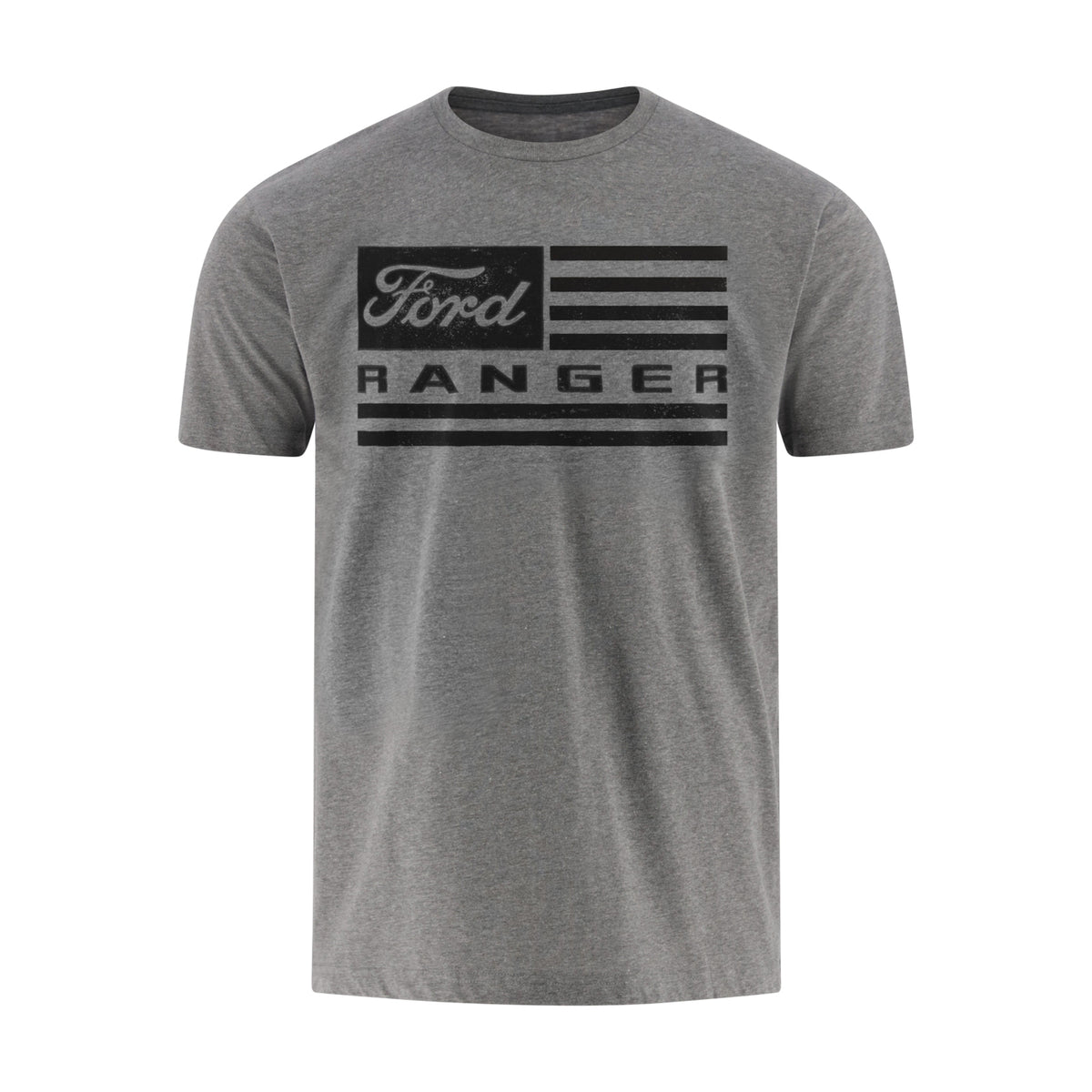 A heather gray short-sleeve crewneck t-shirt featuring a distressed black graphic on the chest that combines the Ford logo with an American flag design and the word 'RANGER'.