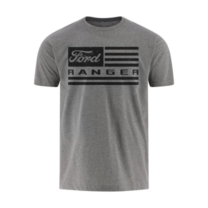 A heather gray short-sleeve crewneck t-shirt featuring a distressed black graphic on the chest that combines the Ford logo with an American flag design and the word 'RANGER'.