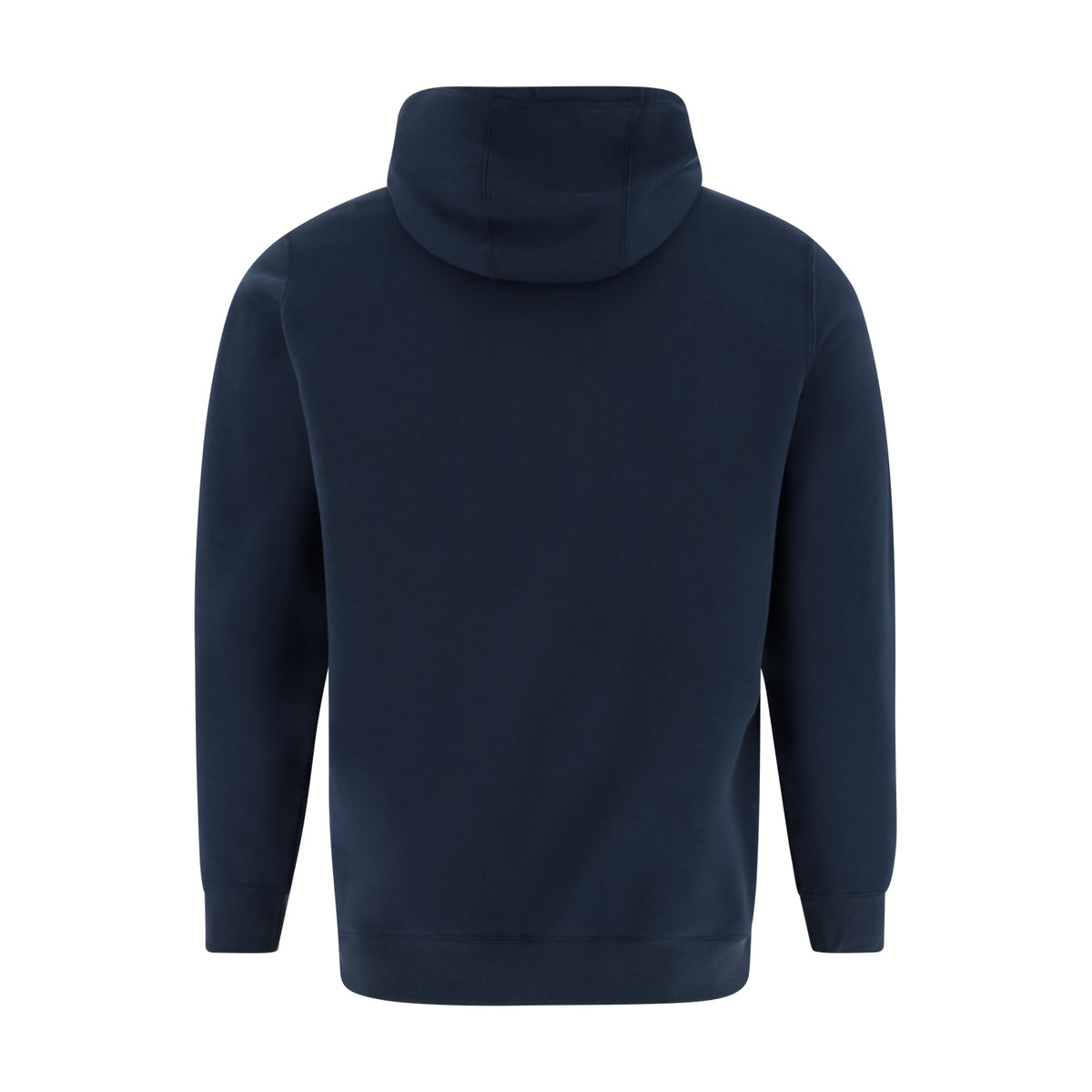 A dark navy blue pullover hoodie shown from the back, featuring a high ribbed collar and long sleeves, isolated on a solid white background.