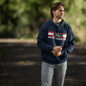 man outside wearing an americana Ford Ranger sweatshirt in navy blue