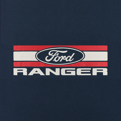 A close-up of a navy blue fabric surface featuring a red, white, and navy Ford Ranger graphic with the Ford logo and 'RANGER' text.