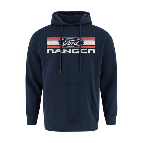 A navy blue pullover hoodie featuring a red, white, and blue Ford Ranger graphic on the chest, displayed on a clean white background.