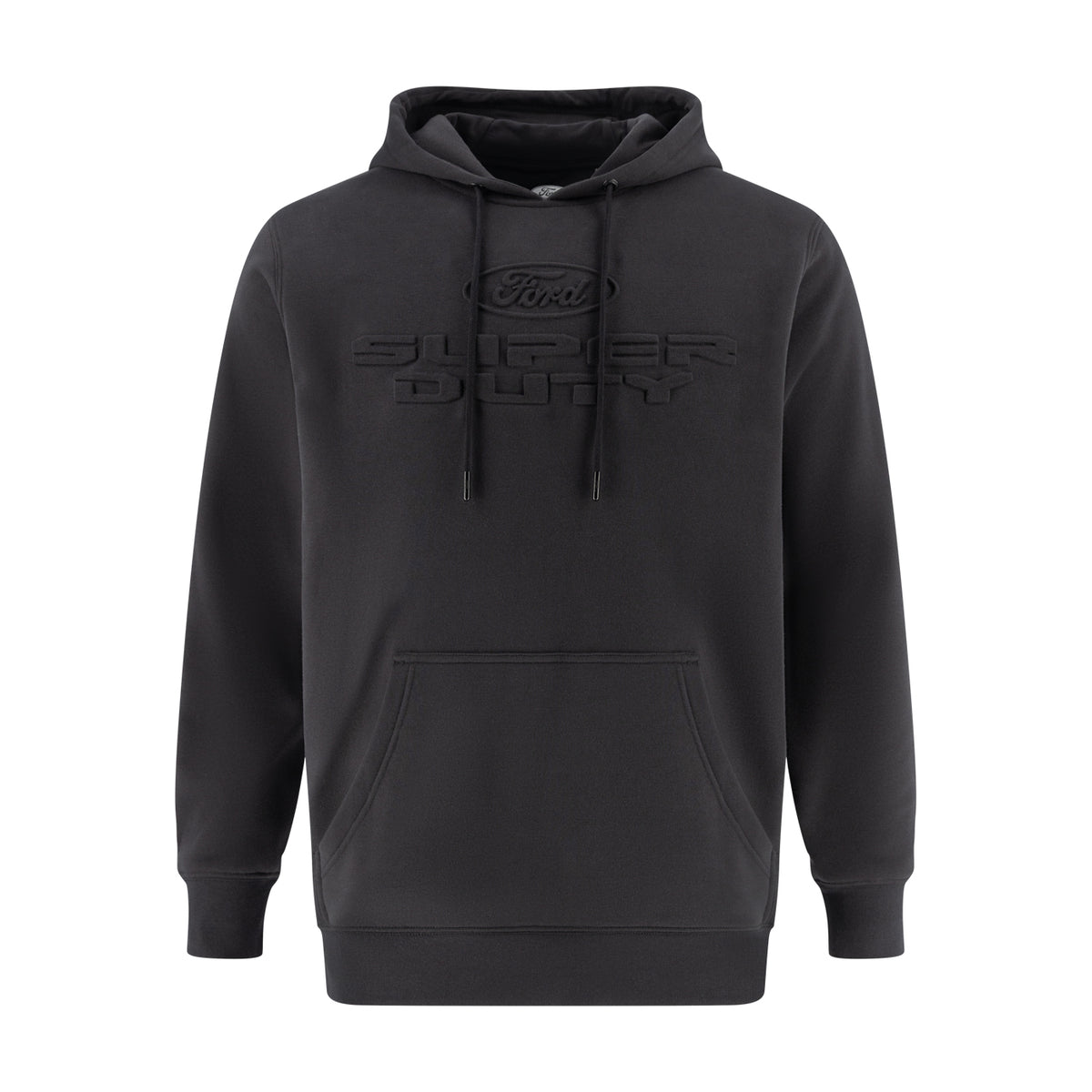 Embossed Ford super duty logo black hoodie on a white background