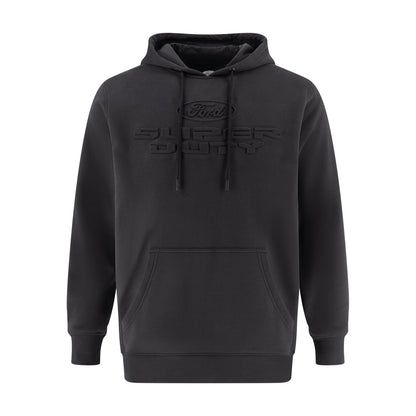 Embossed Ford super duty logo black hoodie on a white background