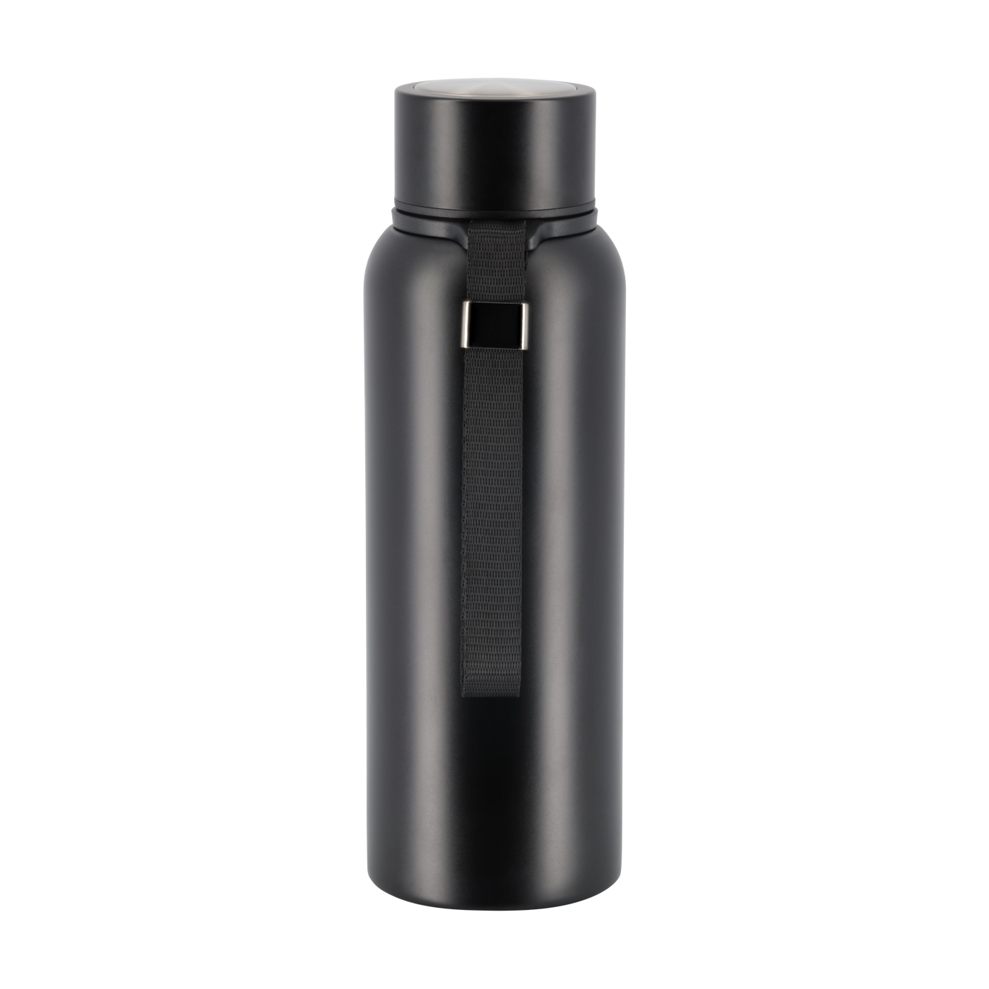Black water bottle with a strap on a white background