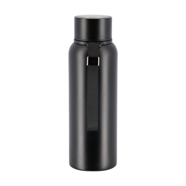 Black water bottle with a strap on a white background