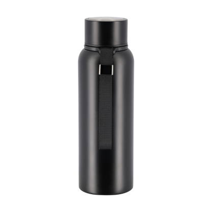 Black water bottle with a strap on a white background
