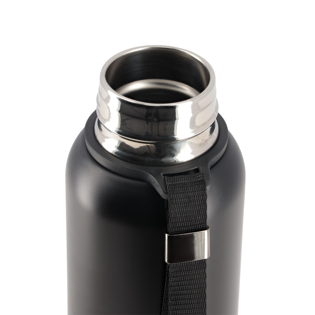Black insulated bottle with silver lid on a white background