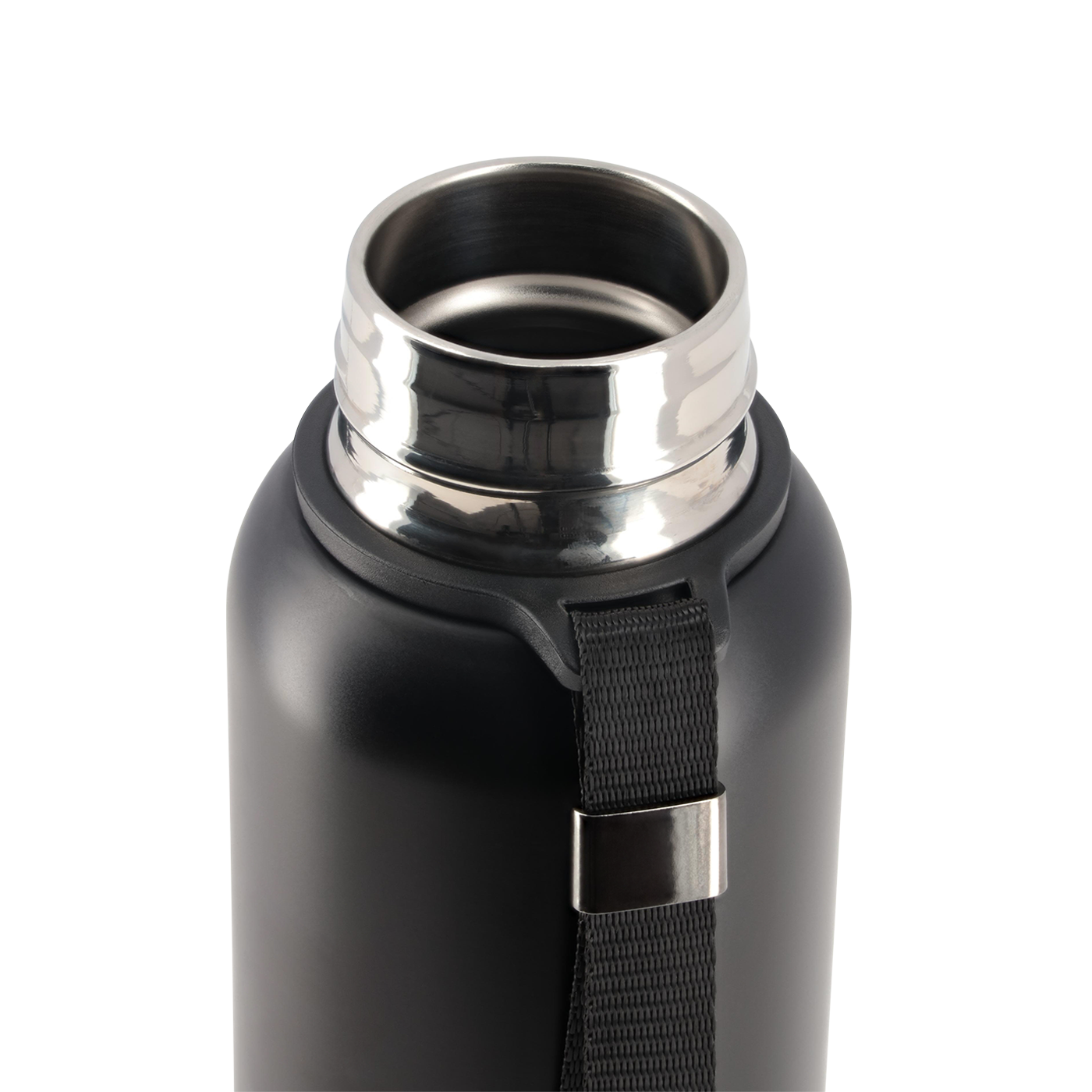 Black insulated bottle with silver lid on a white background