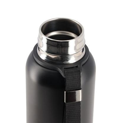 Black insulated bottle with silver lid on a white background