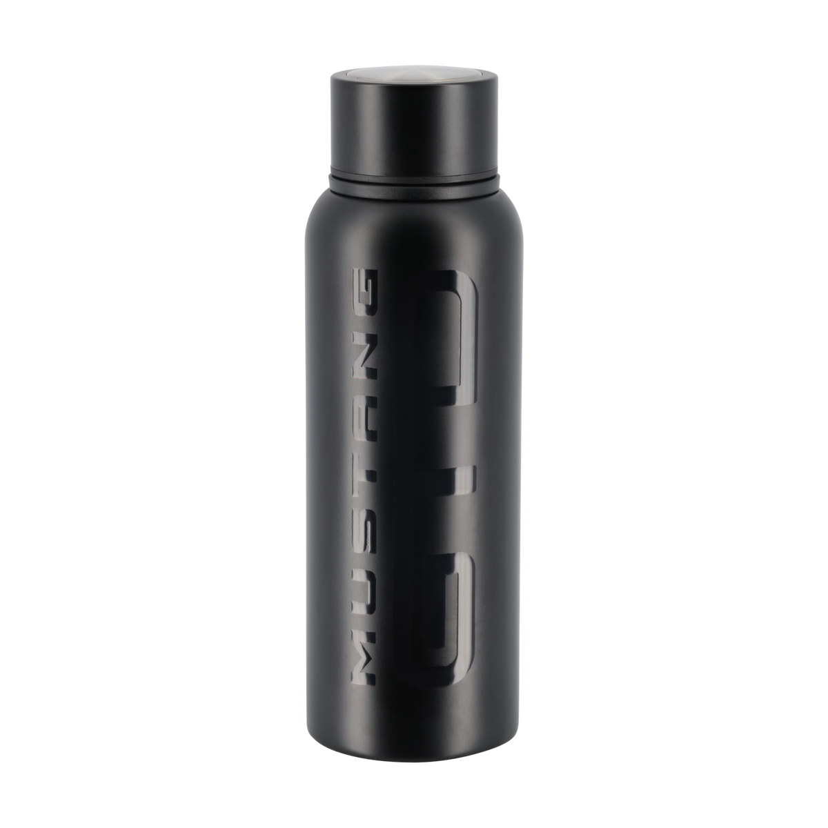 Black water bottle with a Mustang GTD logo on a white background