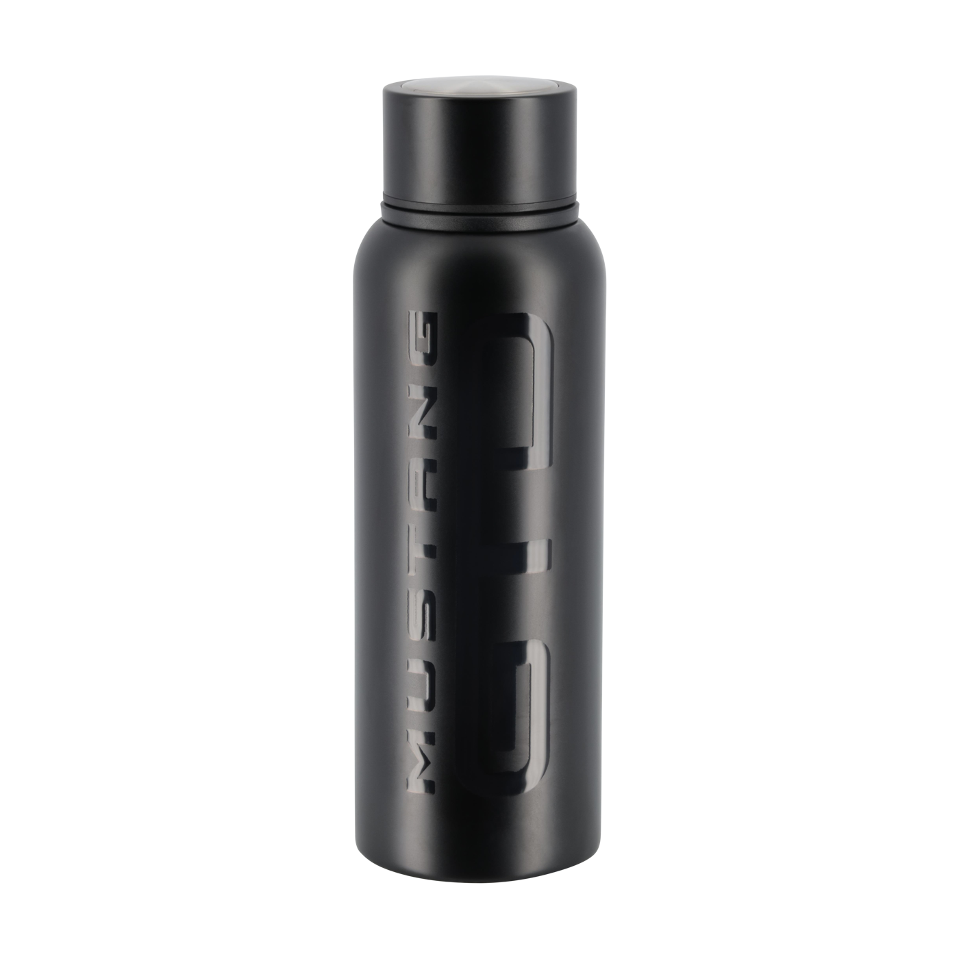 Black water bottle with a Mustang GTD logo on a white background