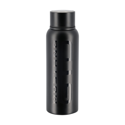 Black water bottle with a Mustang GTD logo on a white background