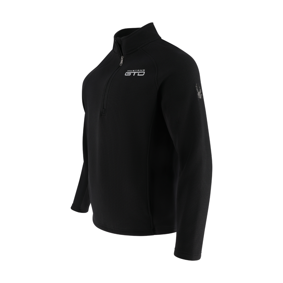 Black quarter-zip sweatshirt with branding on a white background