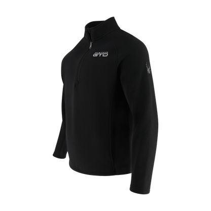 Black quarter-zip sweatshirt with branding on a white background