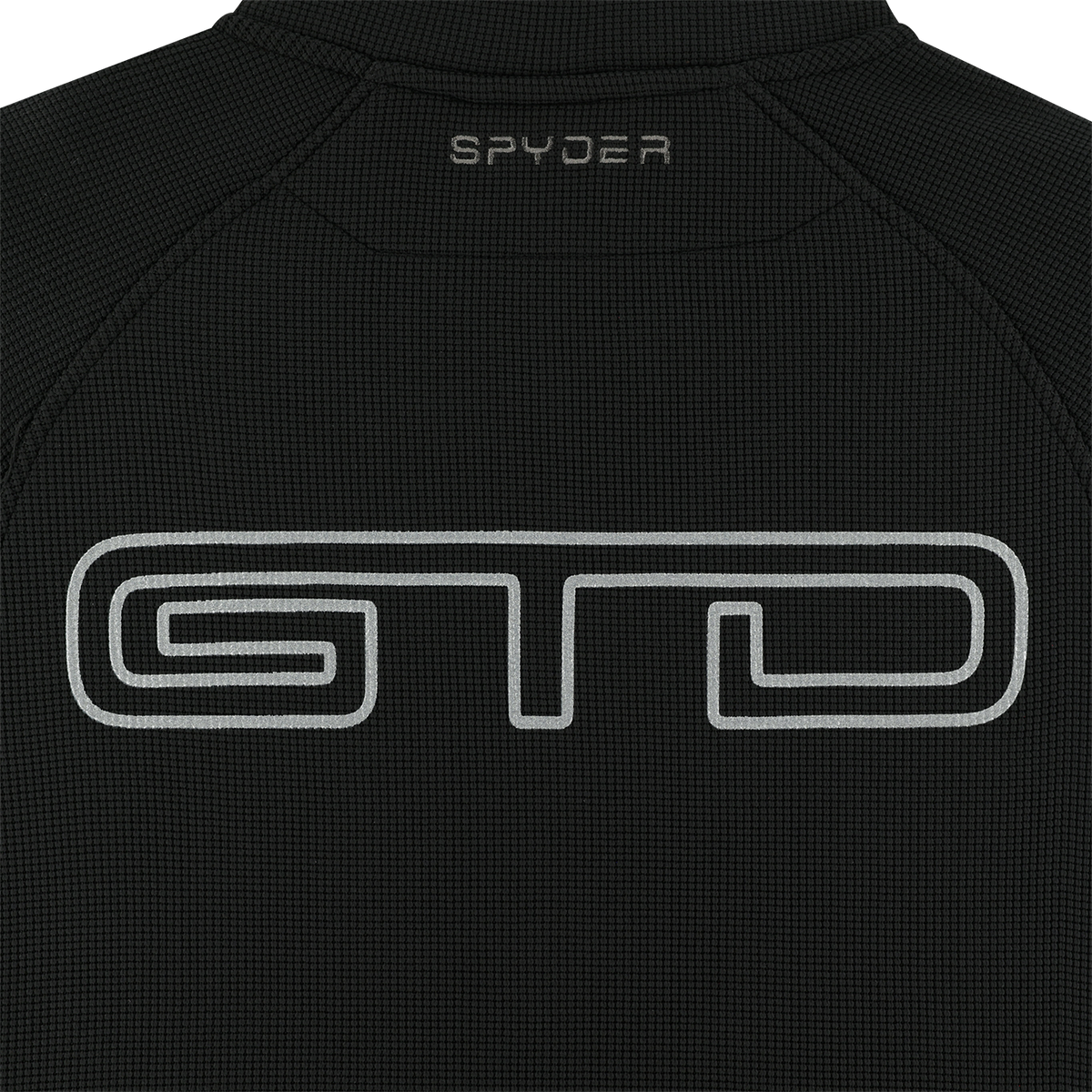 Black textured fabric with Spyder and GTD logos on a black background