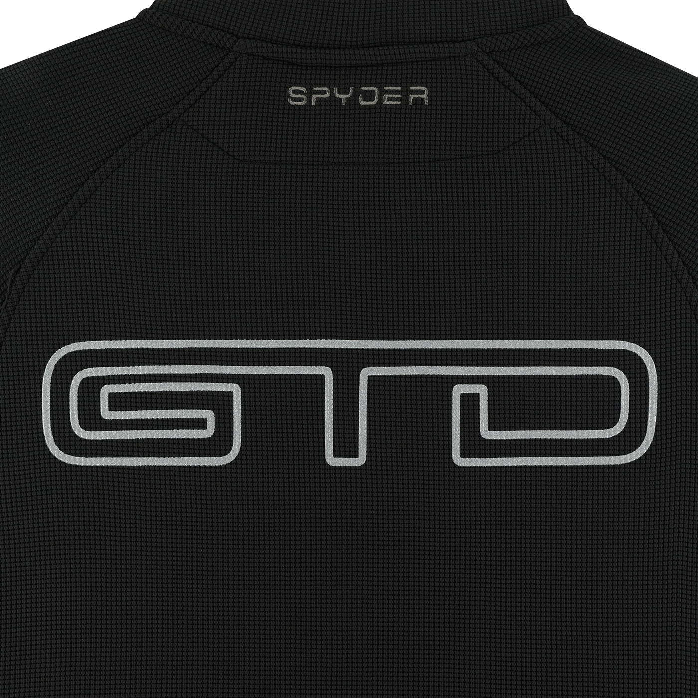 Black textured fabric with Spyder and GTD logos on a black background