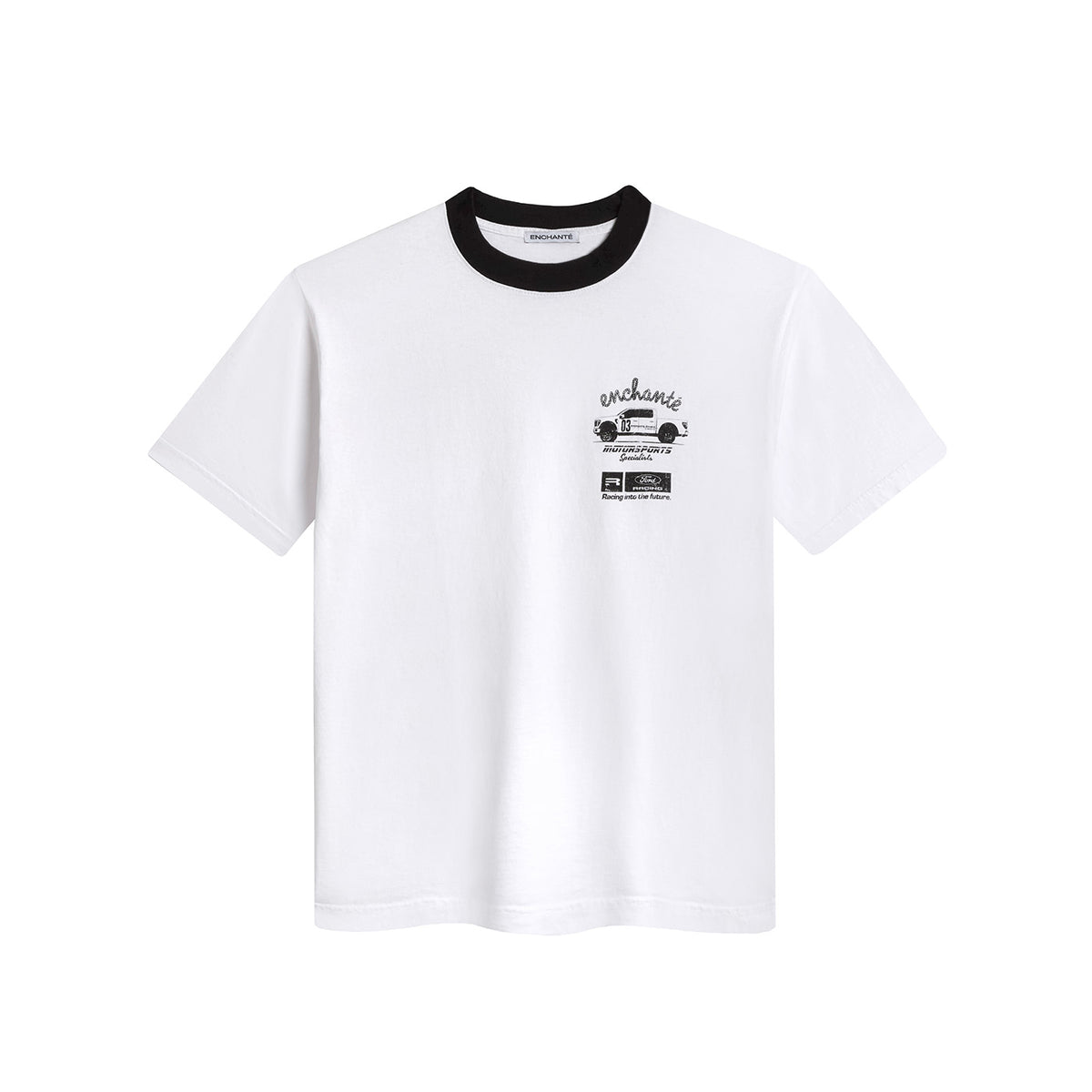 white ringer t-shirt with enchante ford racing graphics on a white background