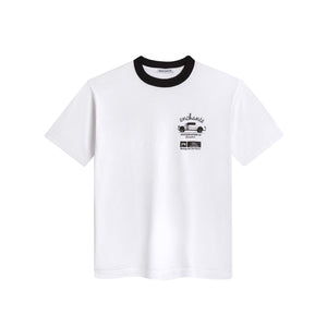 white ringer t-shirt with enchante ford racing graphics on a white background
