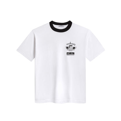 white ringer t-shirt with enchante ford racing graphics on a white background