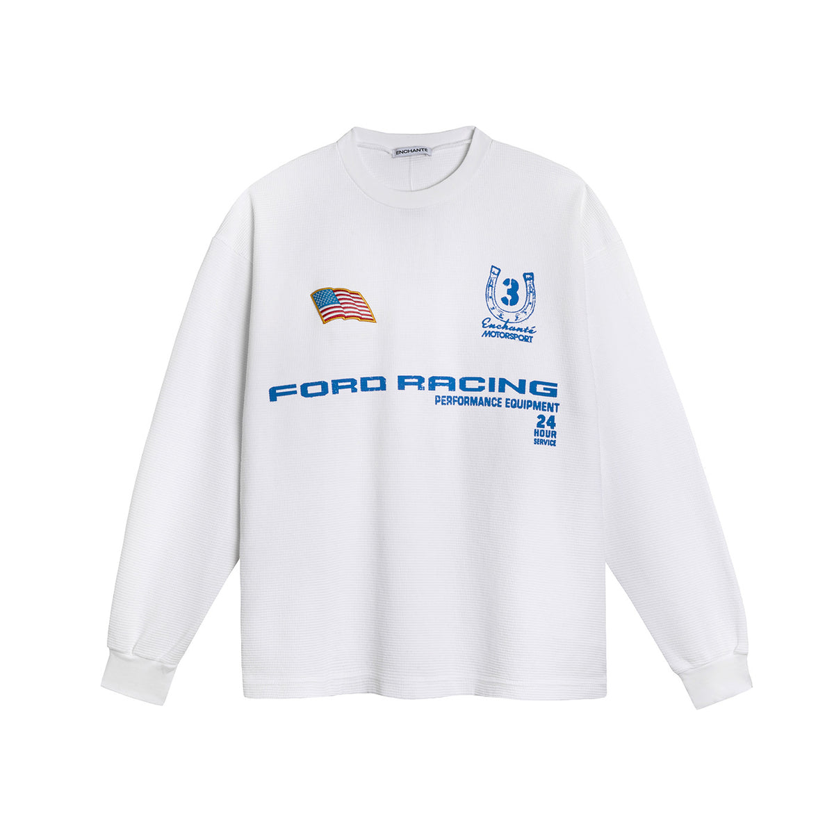Long sleeve waffle shirt with Ford Racing performance equipment and enchnate logos
