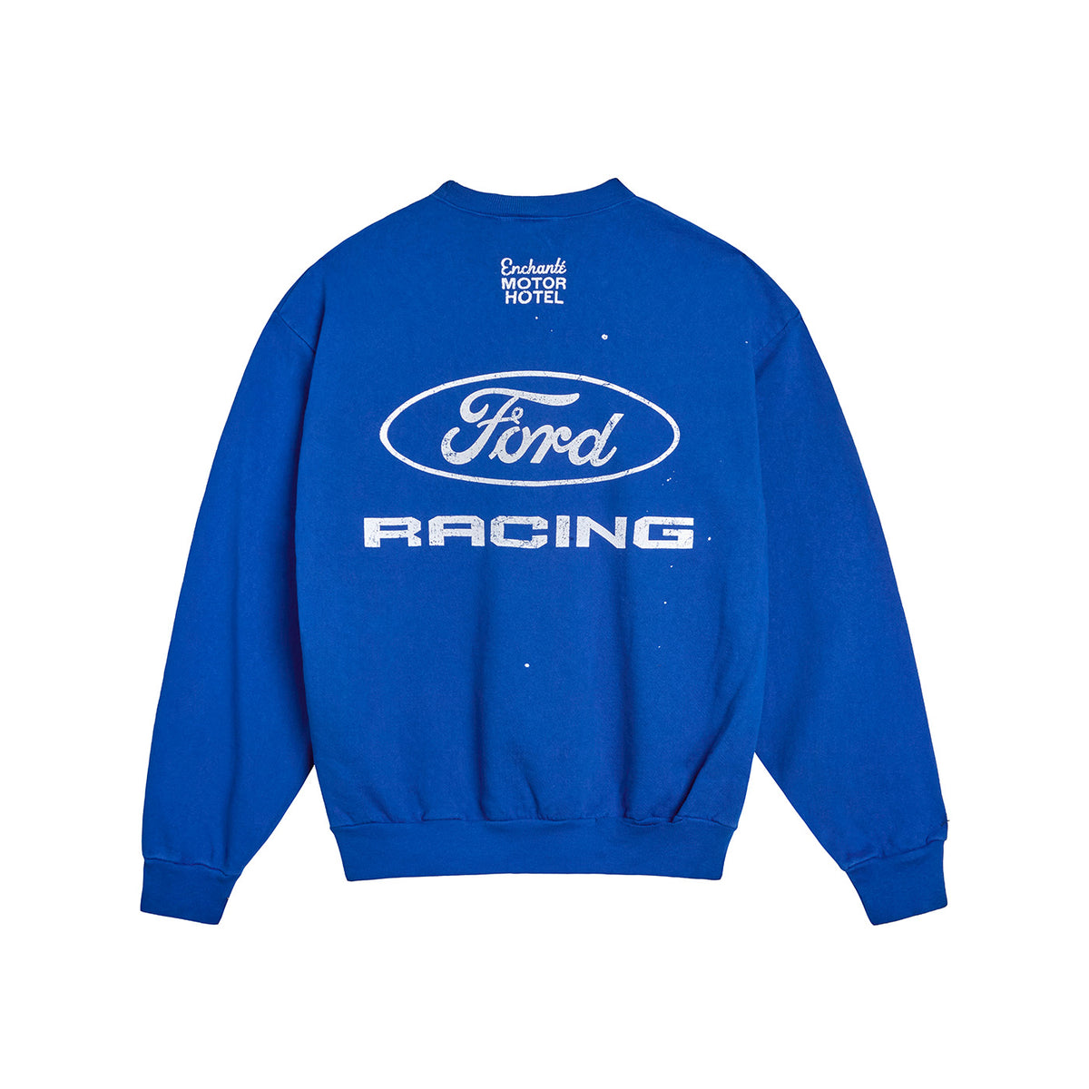 back of a Ford Racing blue crewneck with enchante motor hotel text on a white background