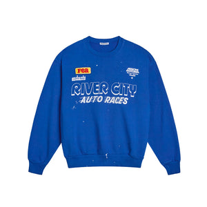 bright ford racing blue crewneck with river city auto races text