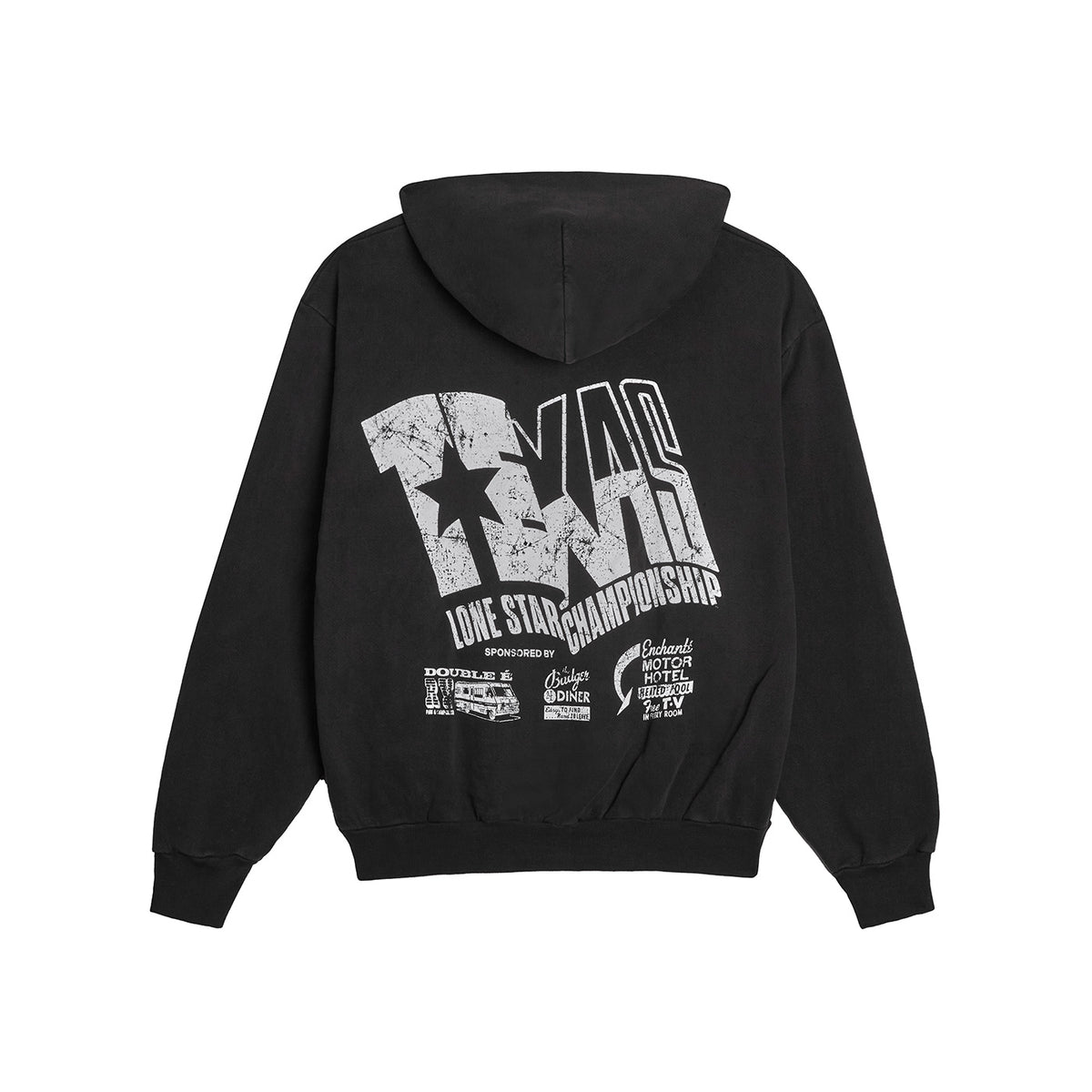 back of a black hoodie with a long star championship racing graphic on a white background