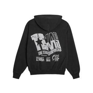 back of a black hoodie with a long star championship racing graphic on a white background