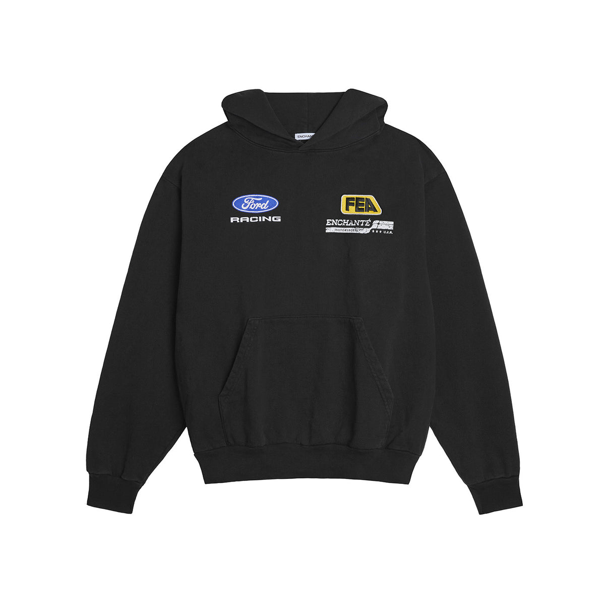 black hoodie with ford Racing and enchante racing graphics on a white background