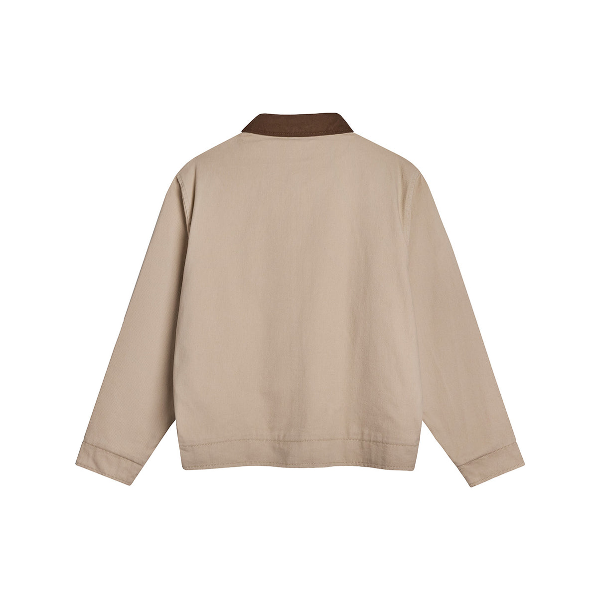 back of a long sleeve tan jacket on a white background
