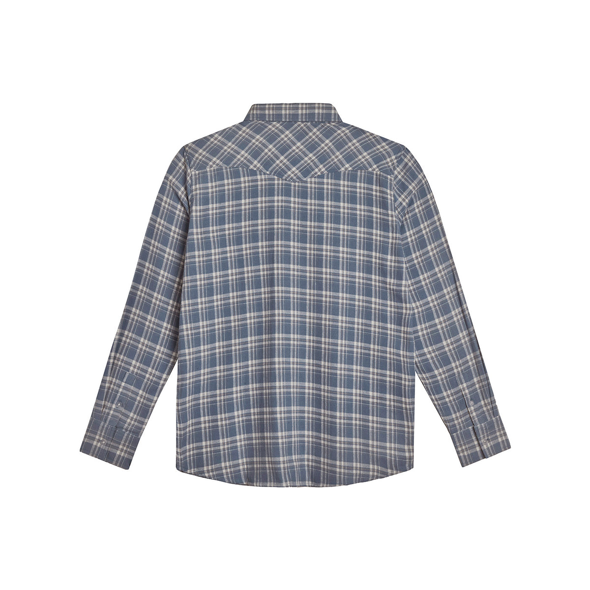 back of a blue Ford racing flannel on a white background