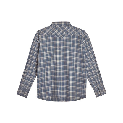 back of a blue Ford racing flannel on a white background