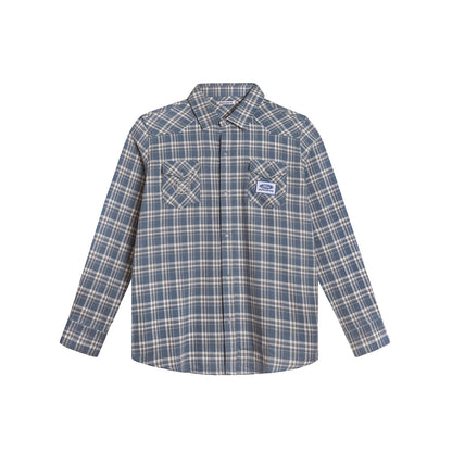Blue and white plaid flannel Ford Racing x enchante button up on a white background