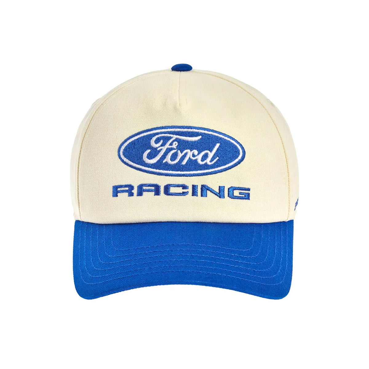 Cream Ford Racing hat with a blue bill on a white background
