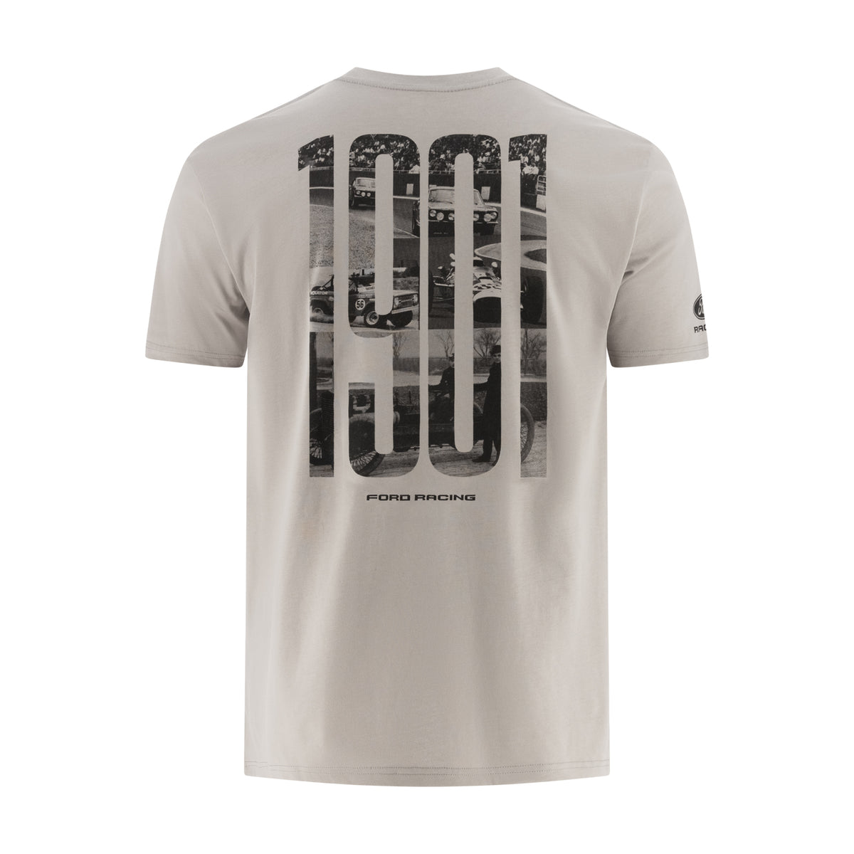 a gray men's Ford Racing t-shirt with ford racing graphic 1901 vintage imagery on the back