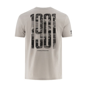 a gray men's Ford Racing t-shirt with ford racing graphic 1901 vintage imagery on the back