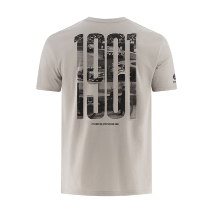 a gray men's Ford Racing t-shirt with ford racing graphic 1901 vintage imagery on the back