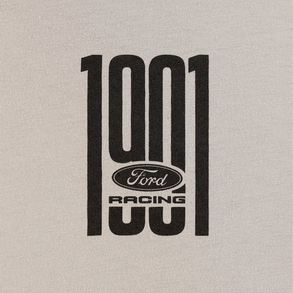 close up of black 1901 Ford Racing text on a gray background