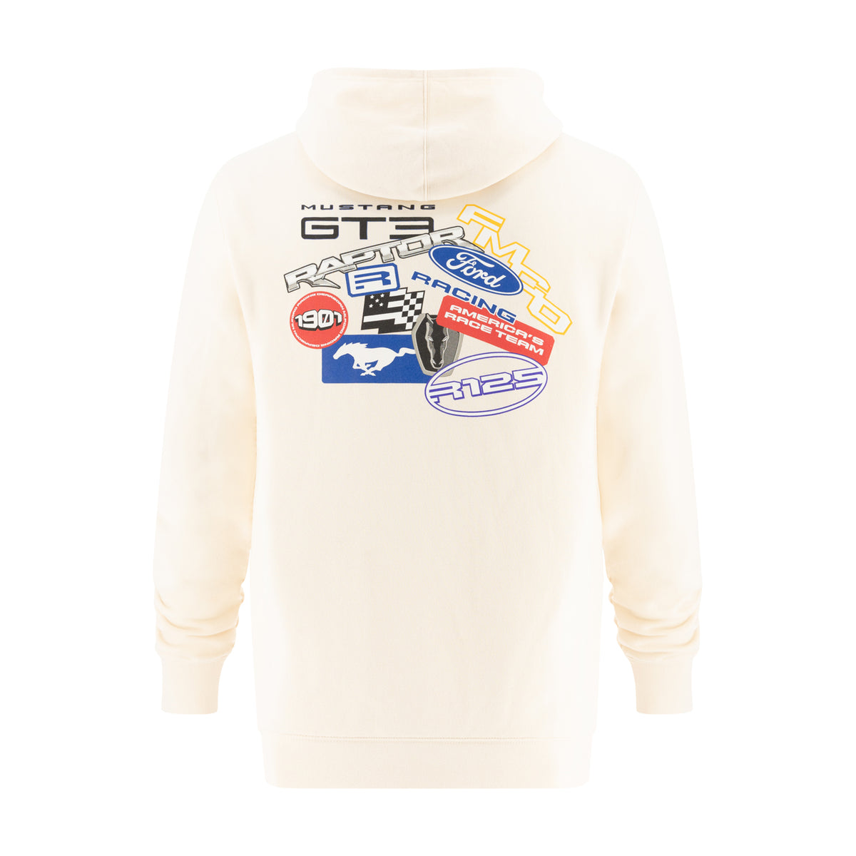 back of a cream Ford Racing hoodie with Ford Racing logos Mustang GT3, Raptor, R125 on a white background