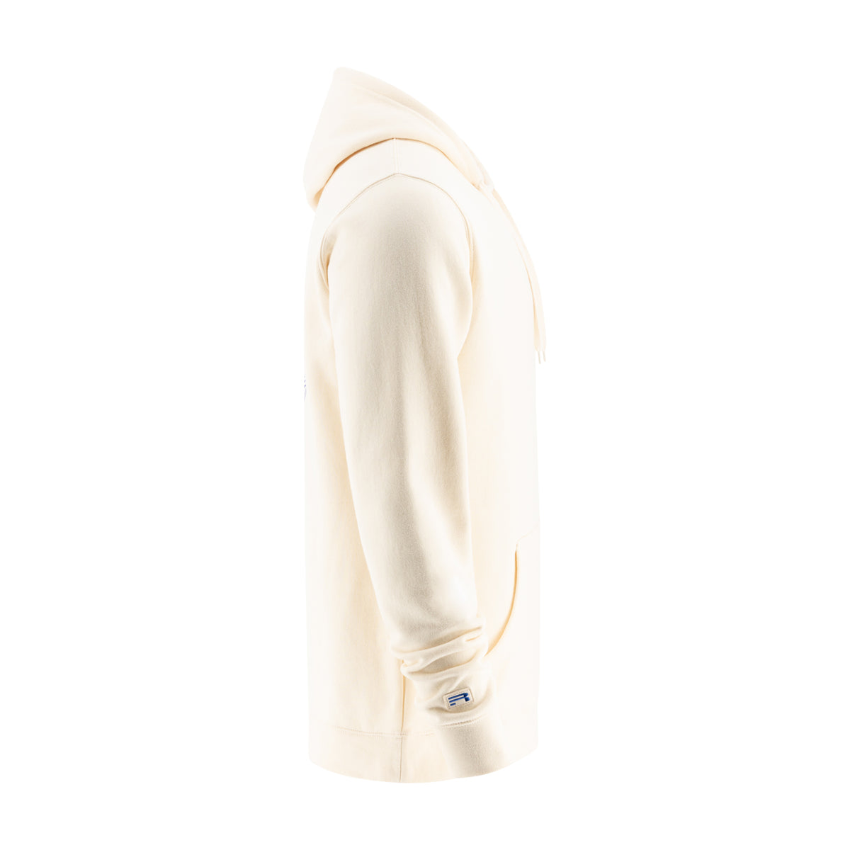 side view of a cream Ford Racing hoodie on a white background