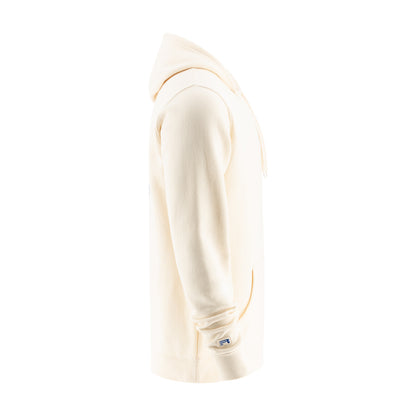 side view of a cream Ford Racing hoodie on a white background