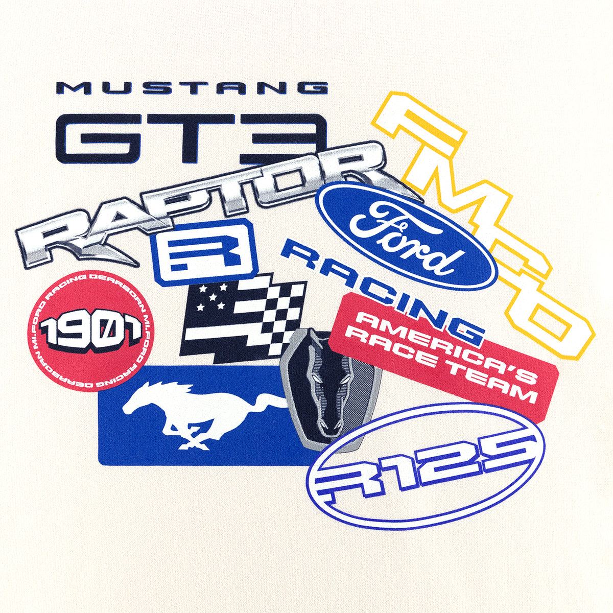 close up of Mustang GT3, Raptor, R125, FMCO, Ford Racing, and American's race team logos on a cream background
