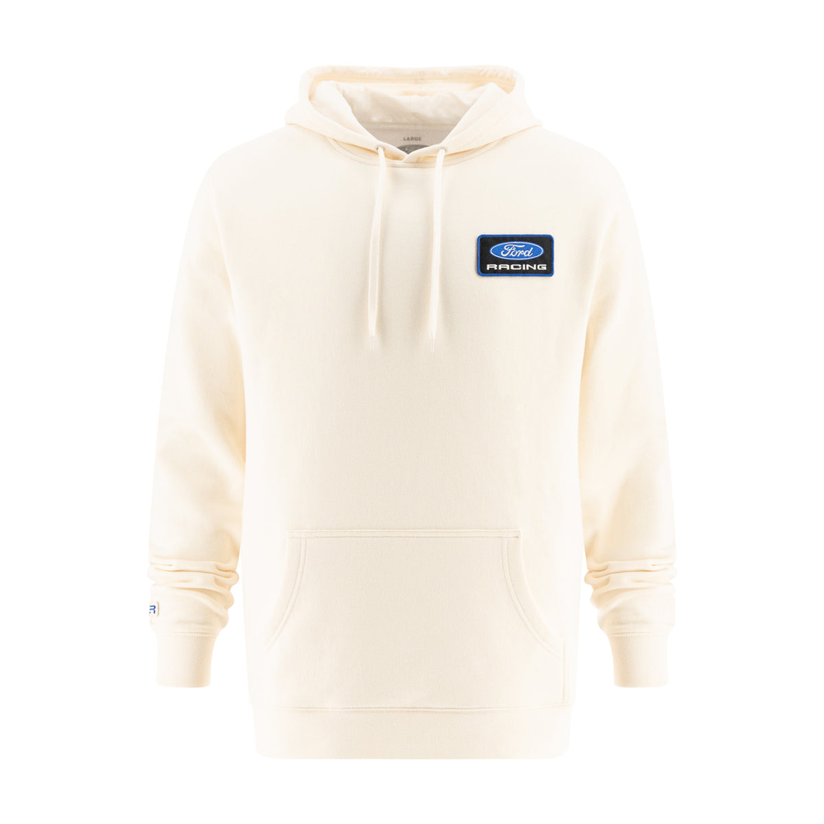 cream hoodie with a Ford racing embroidered black patch on a white background