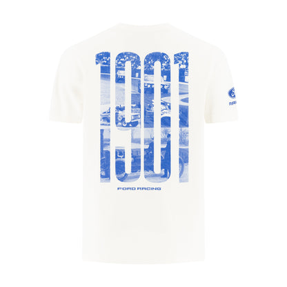 Back of a white Ford Racing t-shirt with 1901 graphic and a vintage racing image