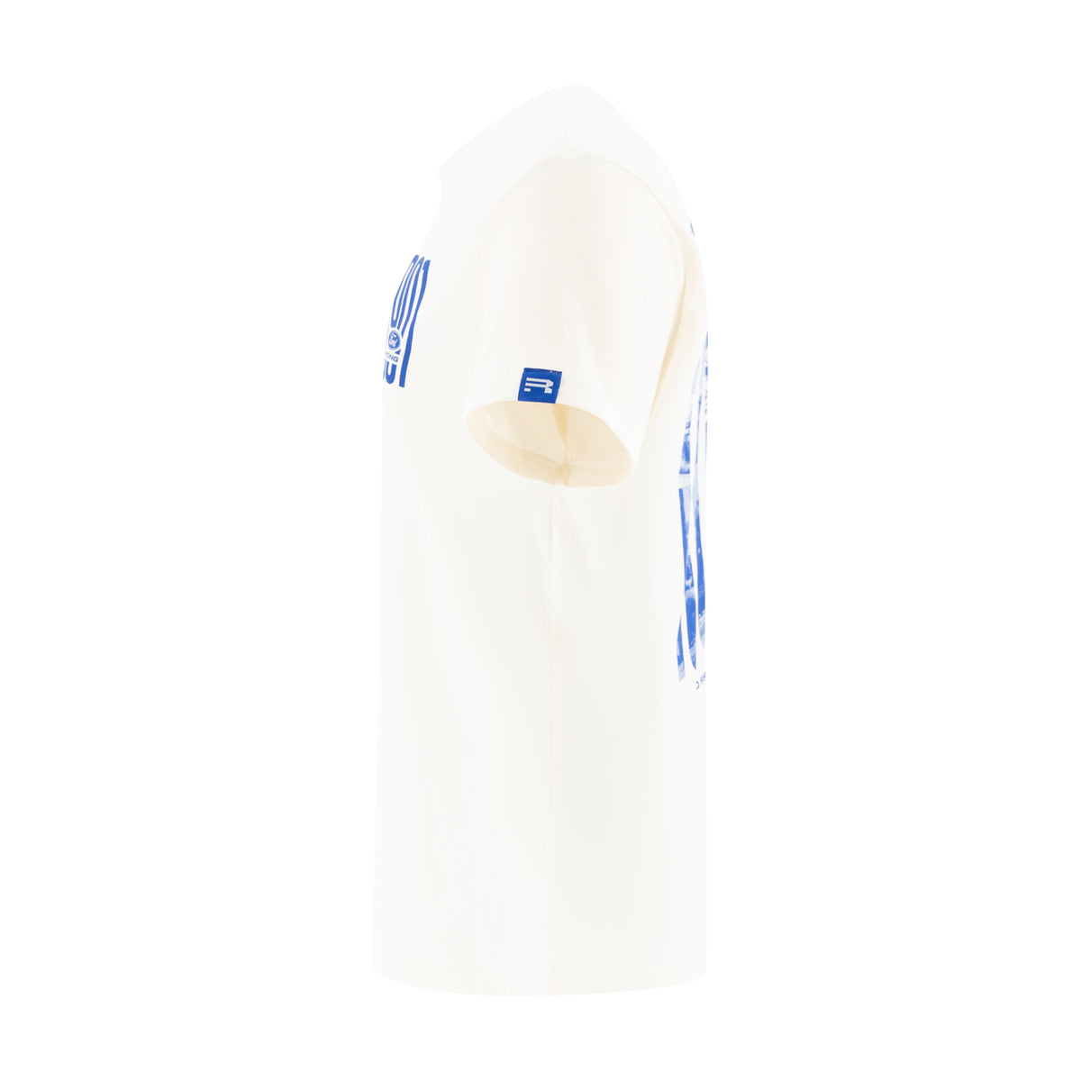 Side of a white Ford Racing t-shirt with an R logo ono the left sleeve