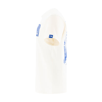 Side of a white Ford Racing t-shirt with an R logo ono the left sleeve