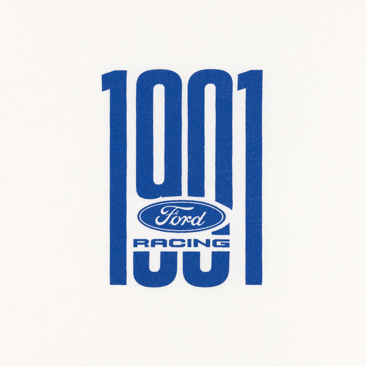 close up of 1901 Ford Racing blue text on a white background