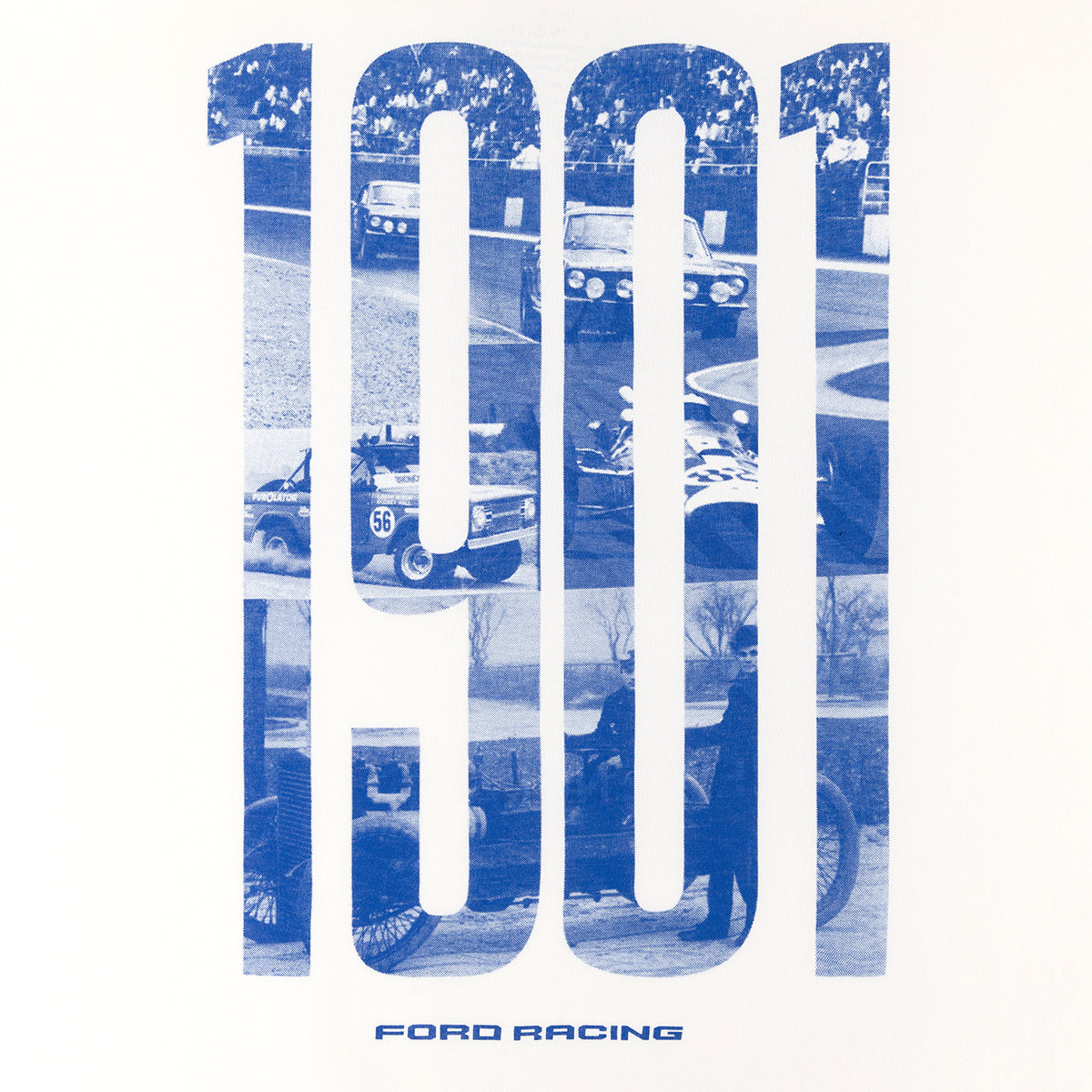 a 1901 text ford racing graphic with a vintage racing image on a white background